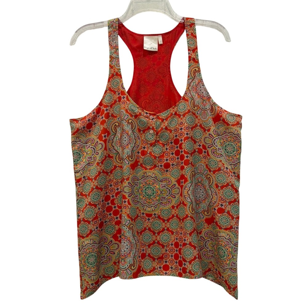Kaya di Koko Womens Orange Paisley Medallion Racerback Tank Top Large Sleeveless